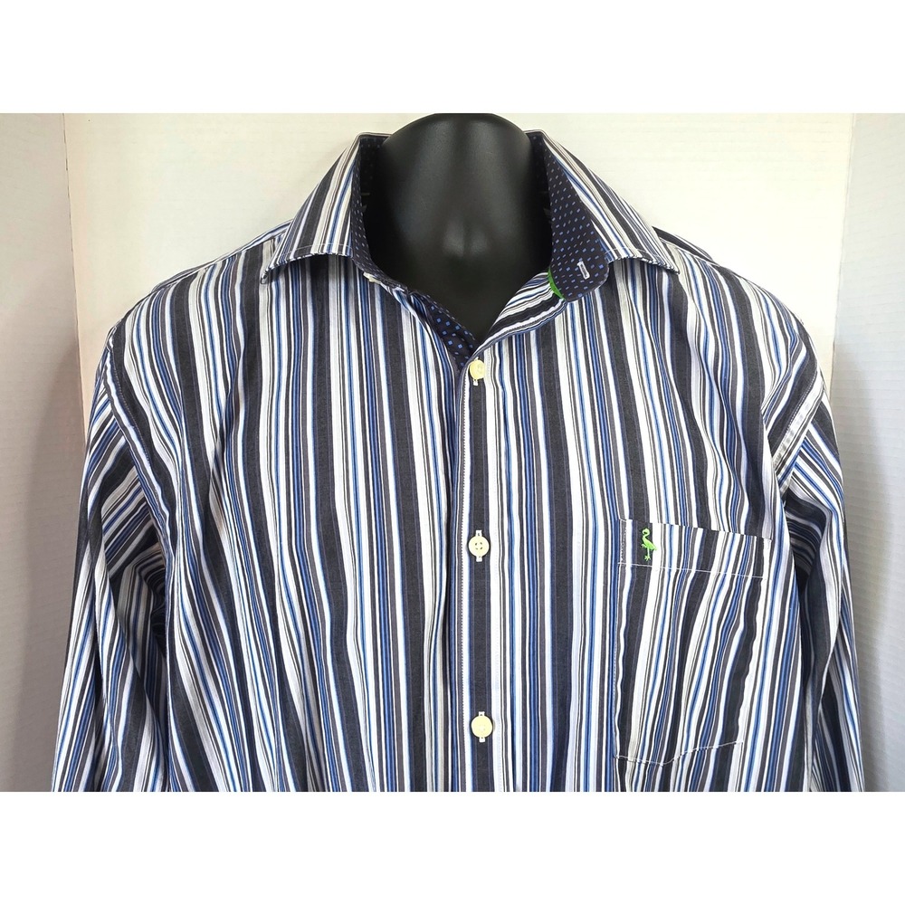 Tailorbyrd XL Blue Grey Striped Long Sleeve Button Down Shirt Contrast Cuff